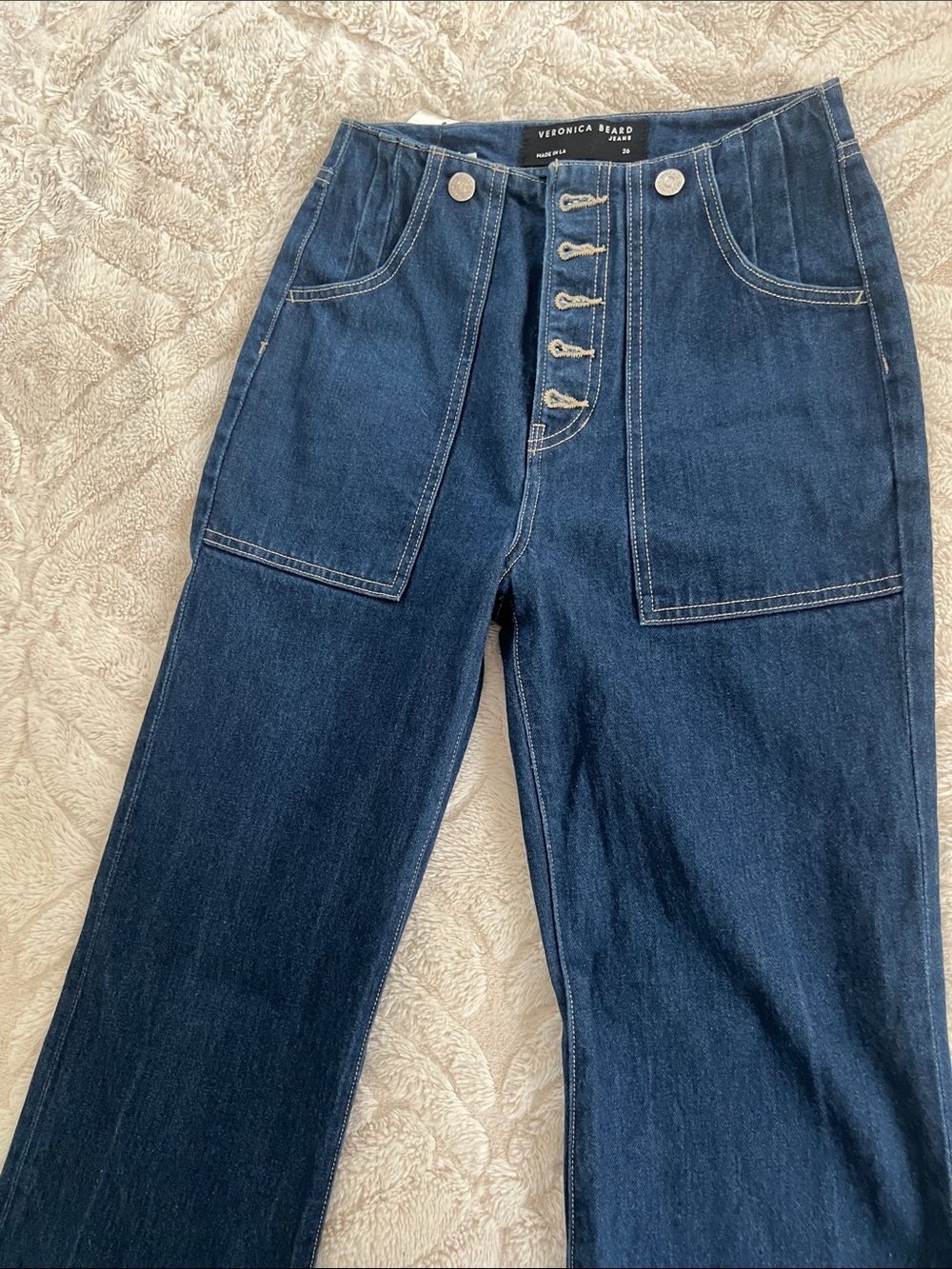 Veronica Beard Indigo High-Rise Wide-Leg Jeans with Patch Pockets